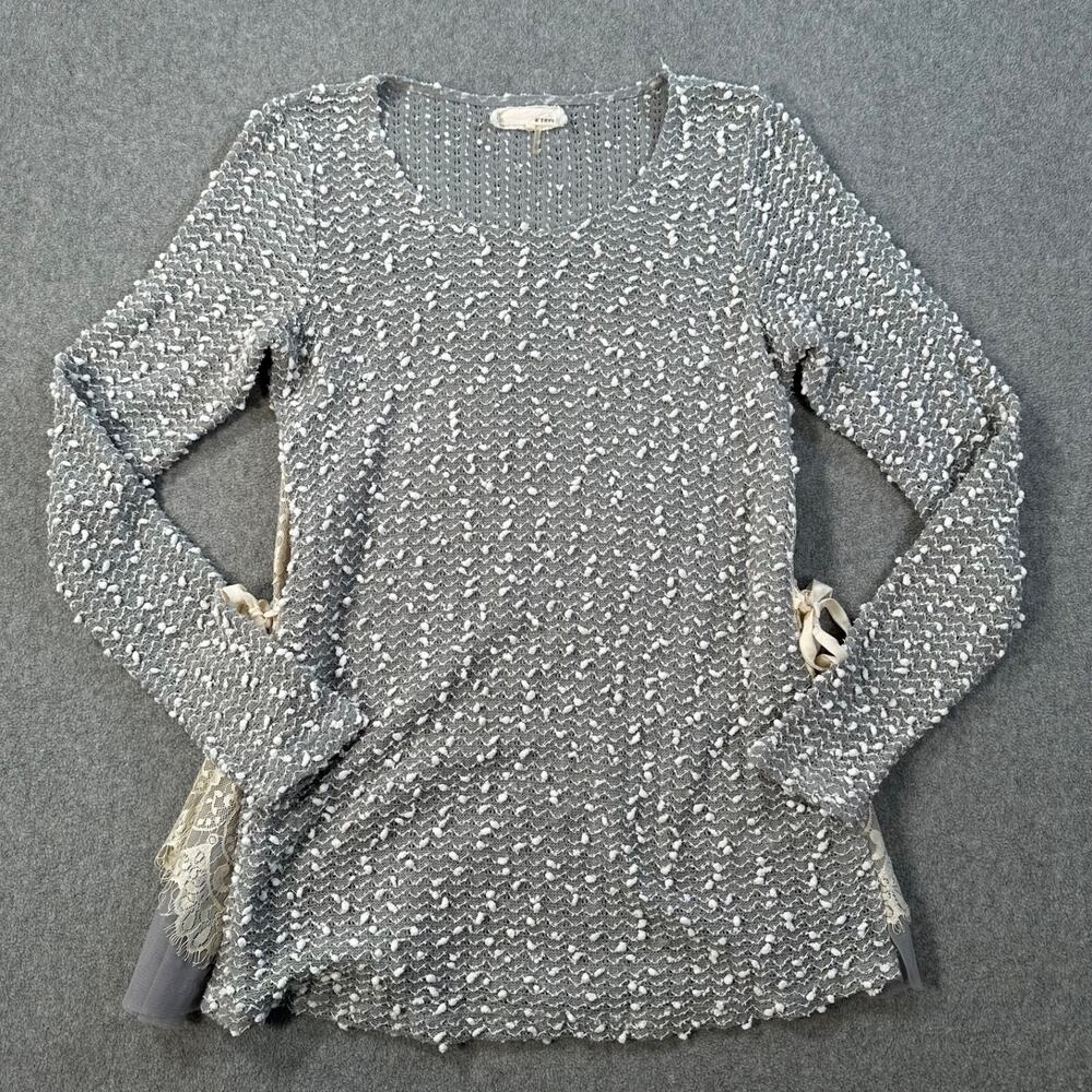 A'Reve Sweater Tunic Size Small Gray Textured Long Sleeve Lace Cut Out Bow Nubby